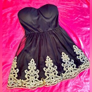 Strapless Black Dress with Gold Embroidery